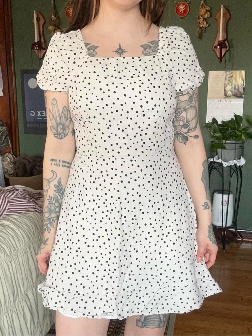LOFT White Mini Dress with Black Polka Dots